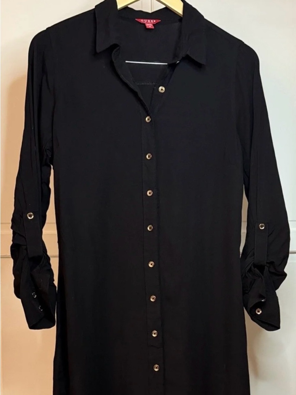 GUESS Black Long-Sleeve Button Front Shirt Dress